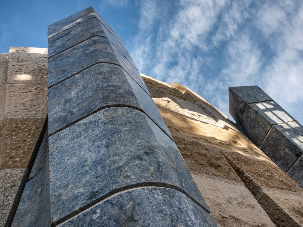 Azul Bahia granite of Camar Marble on the tower of the Virgin Mary of Sagrada Familia